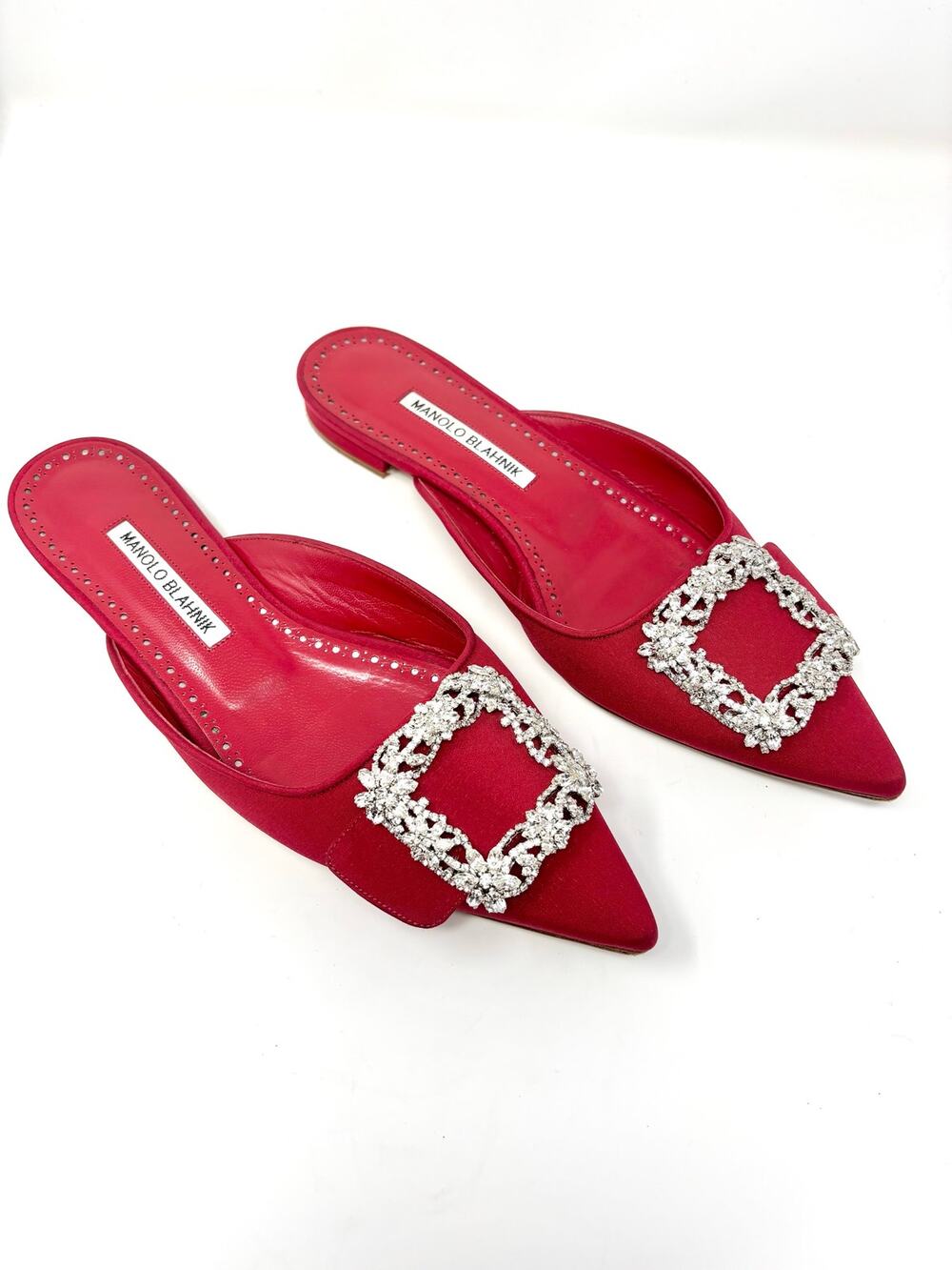 Manolo Blahnik Maysale Jewel Crystal Buckle Satin Mules Flats EU 37